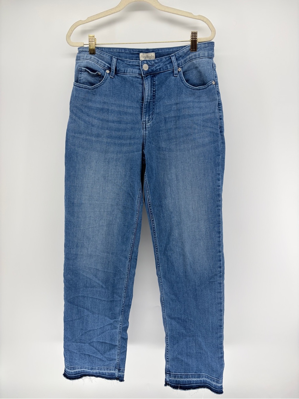 AnyBody Raw Hem Straight-Leg Jeans Stretch Sz 8 Medium Wash